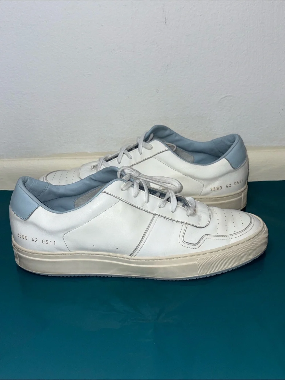 Common Projects White Sneakers with Light Blue Heel and Lining